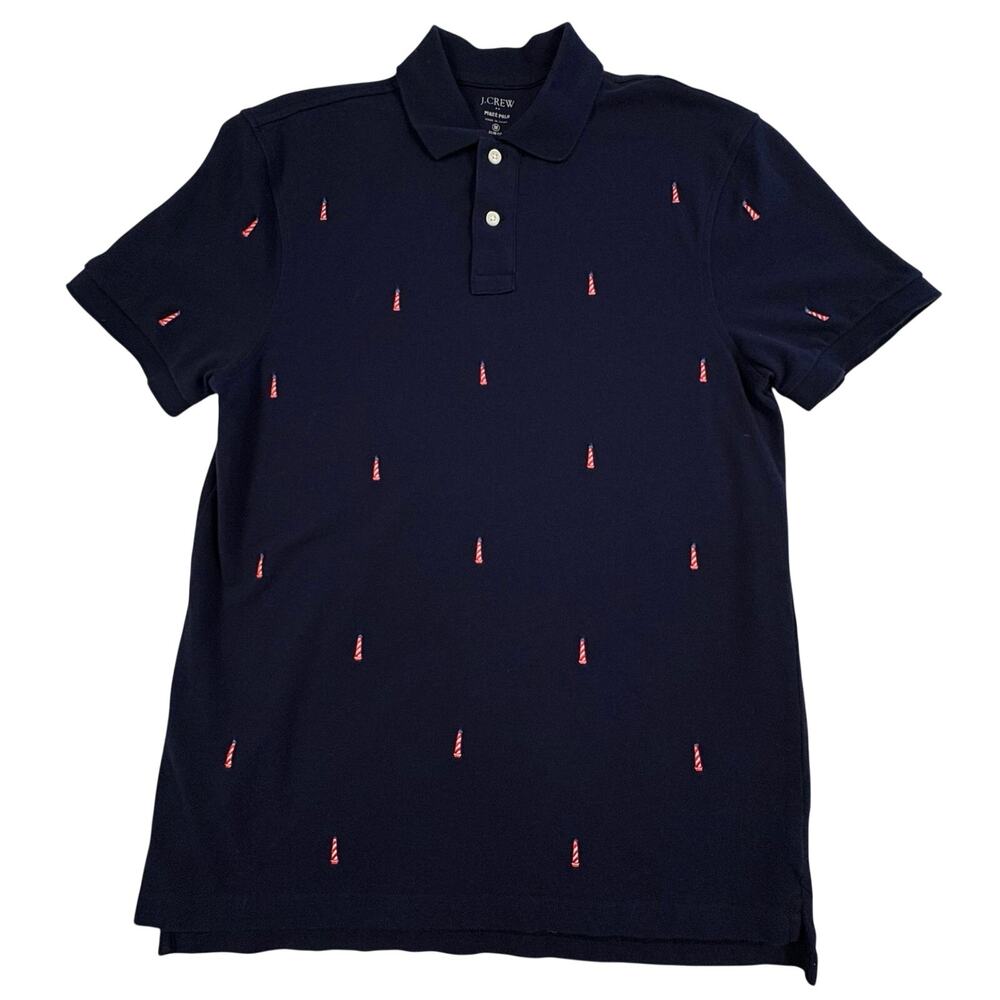 J.Crew Pique Polo Shirt Men's M Slim Fit Navy Blue Embroidered Lighthouse Preppy